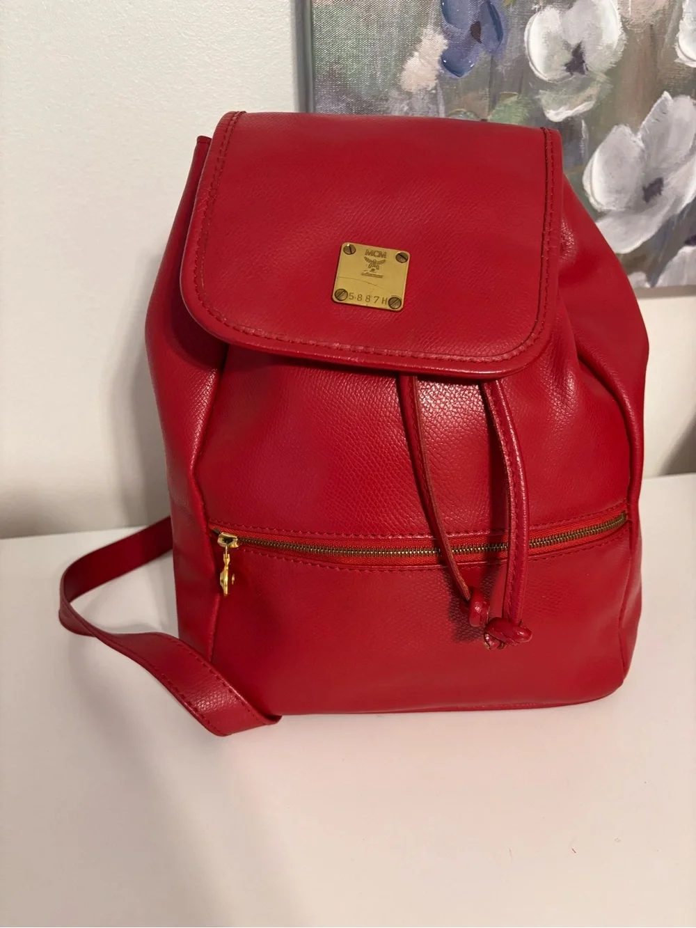 Vintage MCM München Red Leather Small Backpack Drawstring Flap Gold Hardware